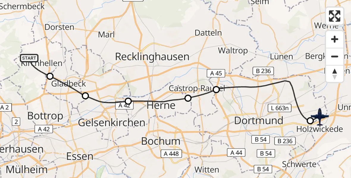 Flugroute Polizeiflugzeug Bottrop - Dortmund Flughafen, 10 Juli 2026, 08:40