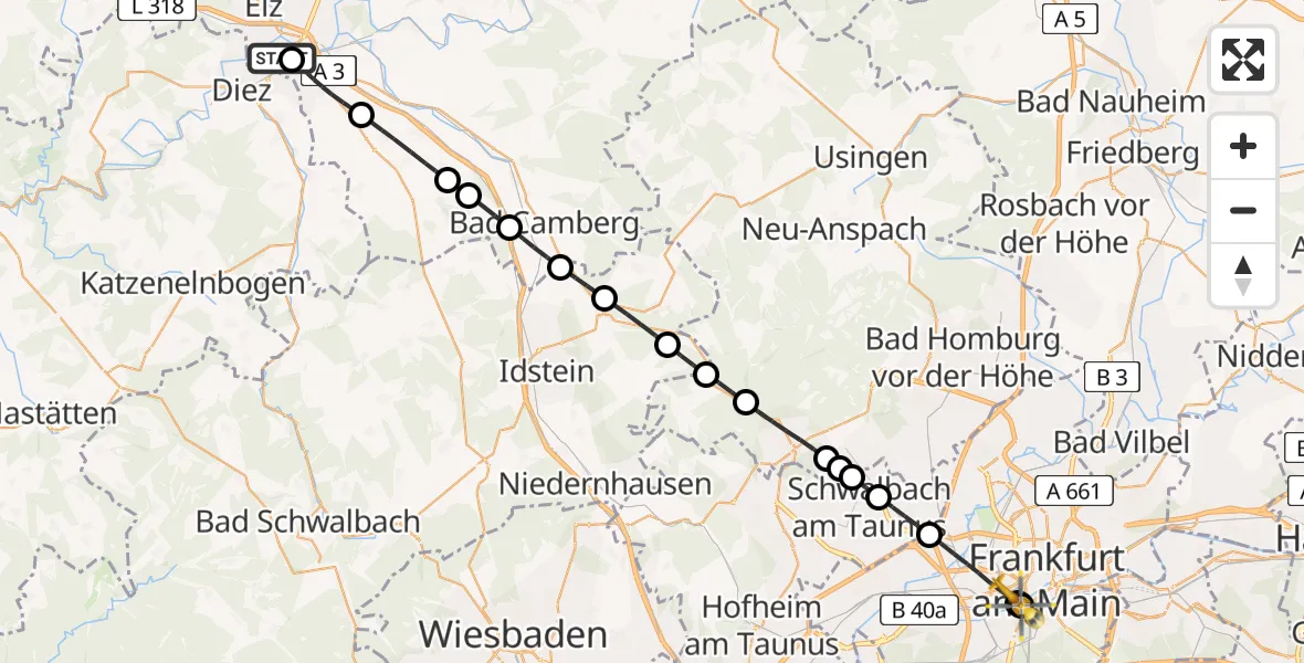 Flugroute Rettungshubschrauber Saint Vincent Hospital Limburg - Frankfurt Universitätsklinikum Hubschrauberlandeplatz, 10 Juli 2026, 08:42