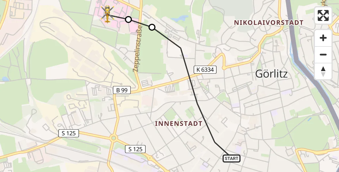 Flugroute Rettungshubschrauber Görlitz - Görlitz Hospital, 10 Juli 2026, 08:43