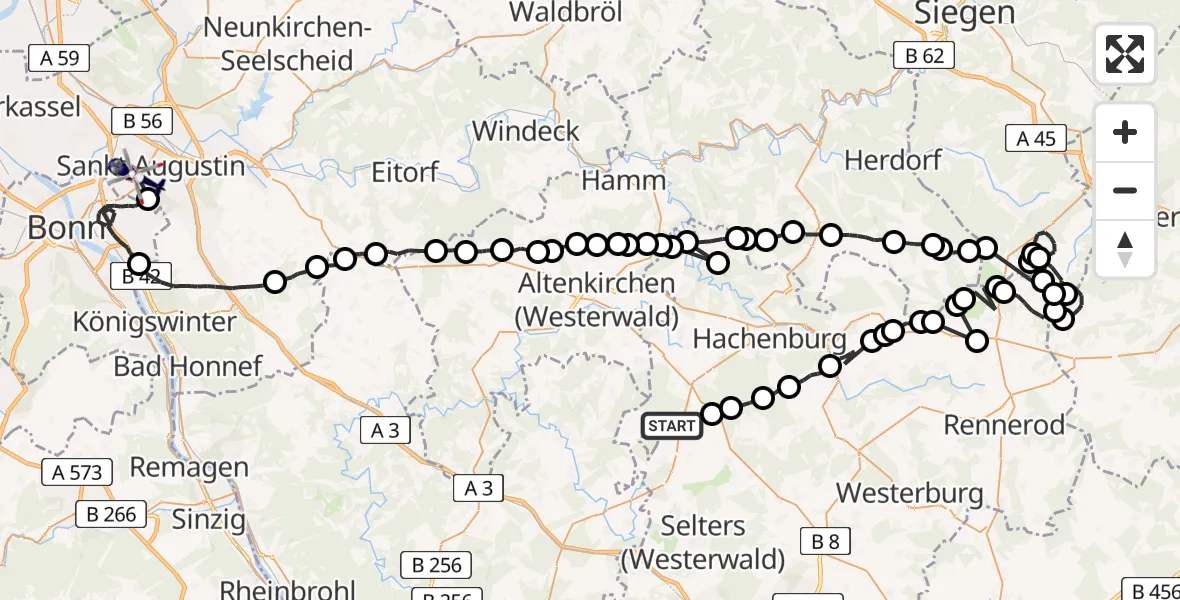 Flugroute Polizeihubschrauber Mündersbach - Sankt Augustin, 10 Juli 2026, 08:45