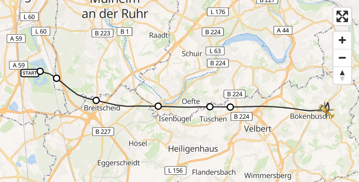 Flugroute Rettungshubschrauber Duisburg Air Rescue Hubschrauberlandeplatz (Christoph 9) - Velbert, 10 Juli 2026, 08:46