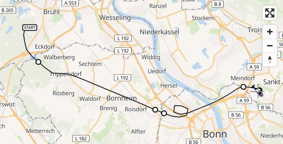 Flugroute Polizeihubschrauber Brühl - Sankt Augustin, 10 Juli 2026, 08:55