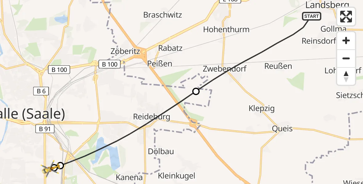 Flugroute Rettungshubschrauber Landsberg - BG Hospital Bergmannstrost Halle, 10 Juli 2026, 08:56