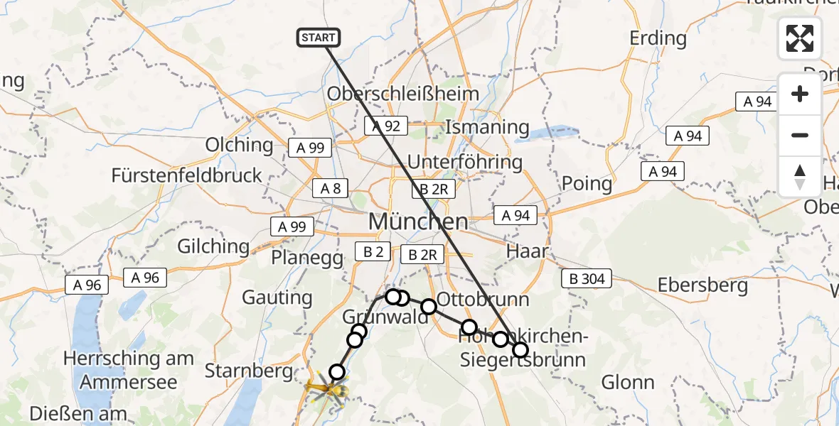 Flugroute Rettungshubschrauber Röhrmoos - Schäftlarn, 10 Juli 2026, 08:56