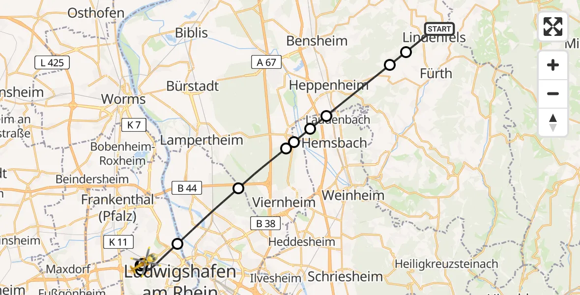 Flugroute Rettungshubschrauber Lindenfels - Ludwigshafen Accident Hospital, 10 Juli 2026, 08:58