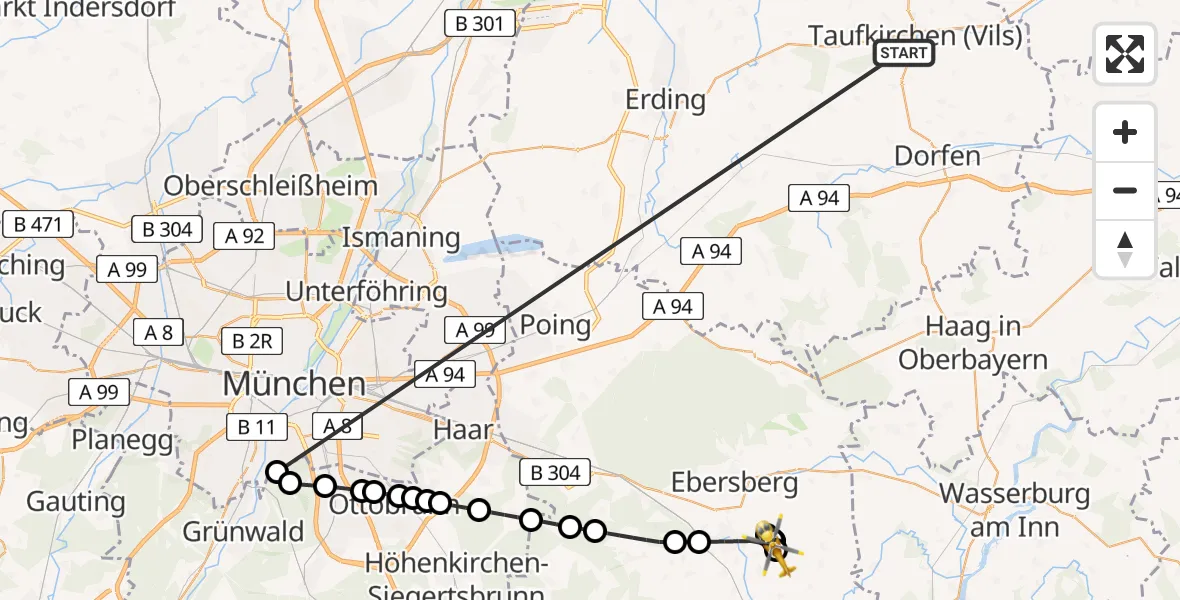 Flugroute Rettungshubschrauber Taufkirchen (Vils) - Grafing b.München, 10 Juli 2026, 09:01