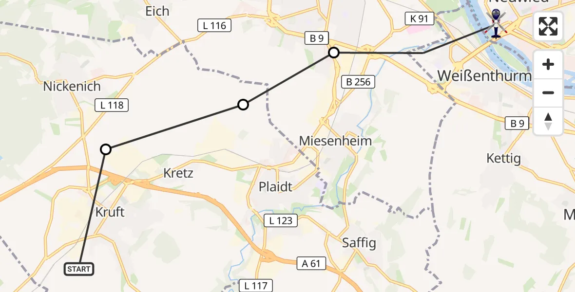 Flugroute Polizeihubschrauber Kruft - Neuwied, 10 Juli 2026, 09:02