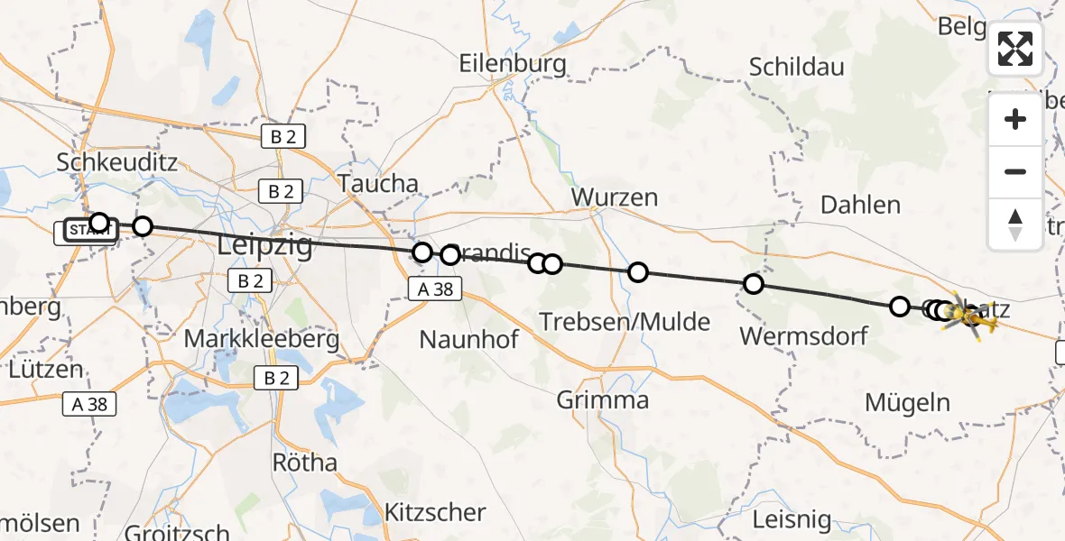 Flugroute Rettungshubschrauber ADAC Air Rescue Station Leipzig/Schkeuditz-Dölzig Hubschrauberlandeplatz (Christoph 61) - Collm Klinik Oschatz Hubschrauberlandeplatz, 10 Juli 2026, 09:03
