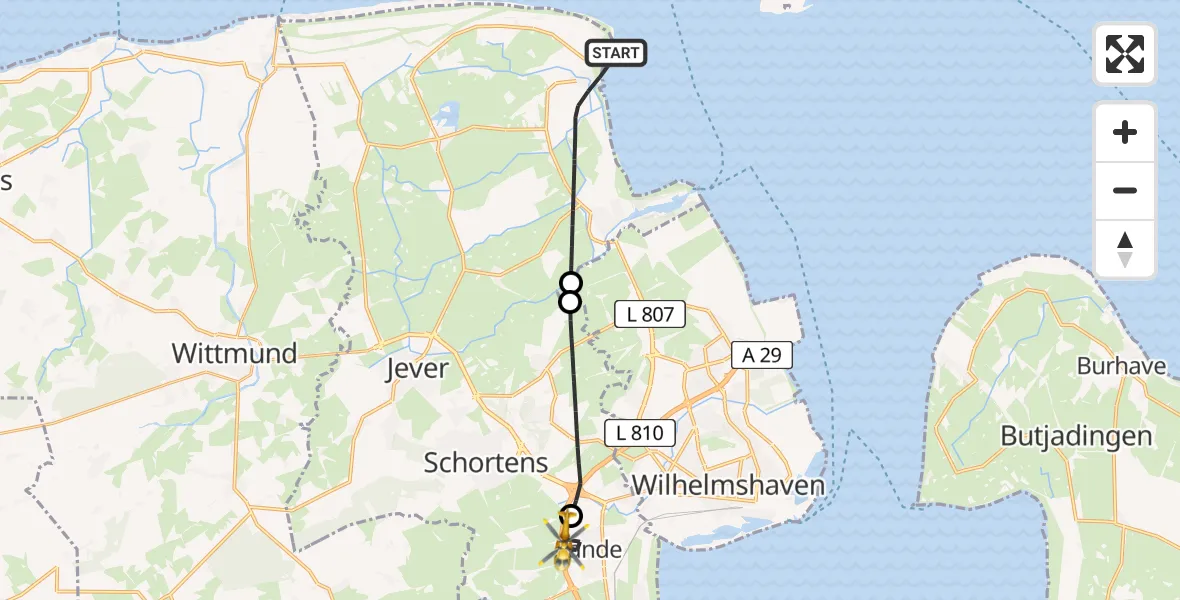 Flugroute Rettungshubschrauber Wangerland - Sande, 10 Juli 2026, 09:05