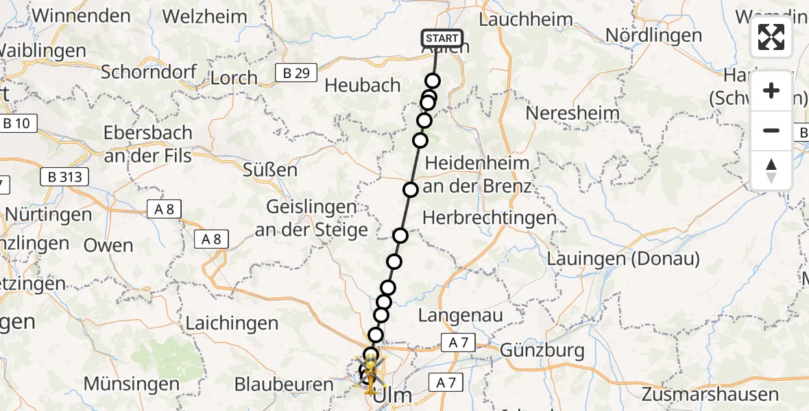 Flugroute Rettungshubschrauber Aalen - Ulm Military Hospital Emergency Hubschrauberlandeplatz, 10 Juli 2026, 09:05