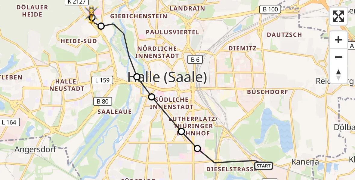 Flugroute Rettungshubschrauber Halle (Saale) - Halle (Saale) University Hospital, 10 Juli 2026, 09:05