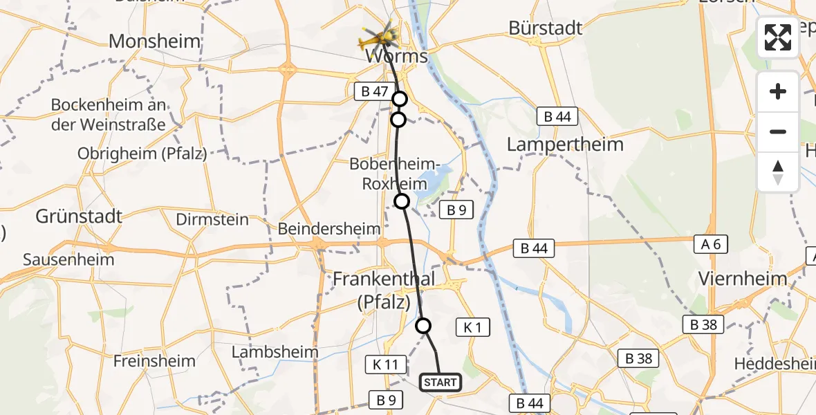 Flugroute Rettungshubschrauber Ludwigshafen am Rhein - Worms, 10 Juli 2026, 09:06