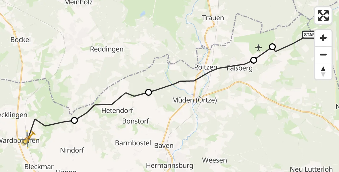 Flugroute Rettungshubschrauber Faßberg - Bergen, 10 Juli 2026, 09:09
