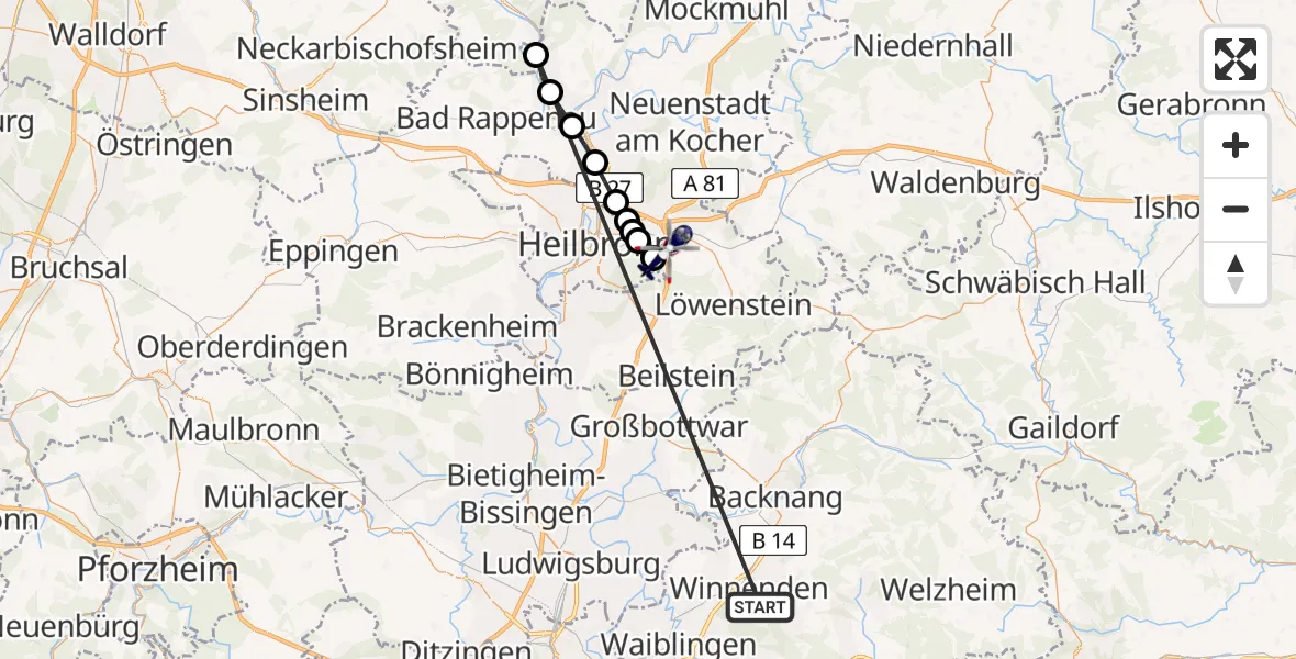 Flugroute Polizeihubschrauber Winnenden - Weinsberg, 10 Juli 2026, 09:10