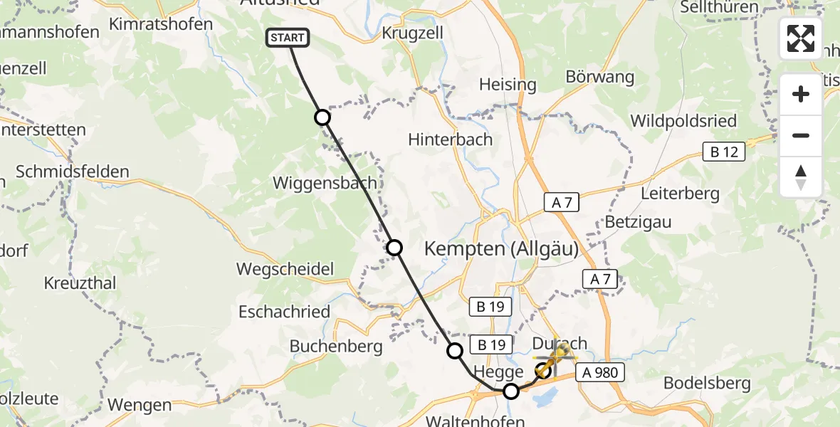 Flugroute Rettungshubschrauber Altusried - Kempten-Durach Flugplatz, 10 Juli 2026, 09:11