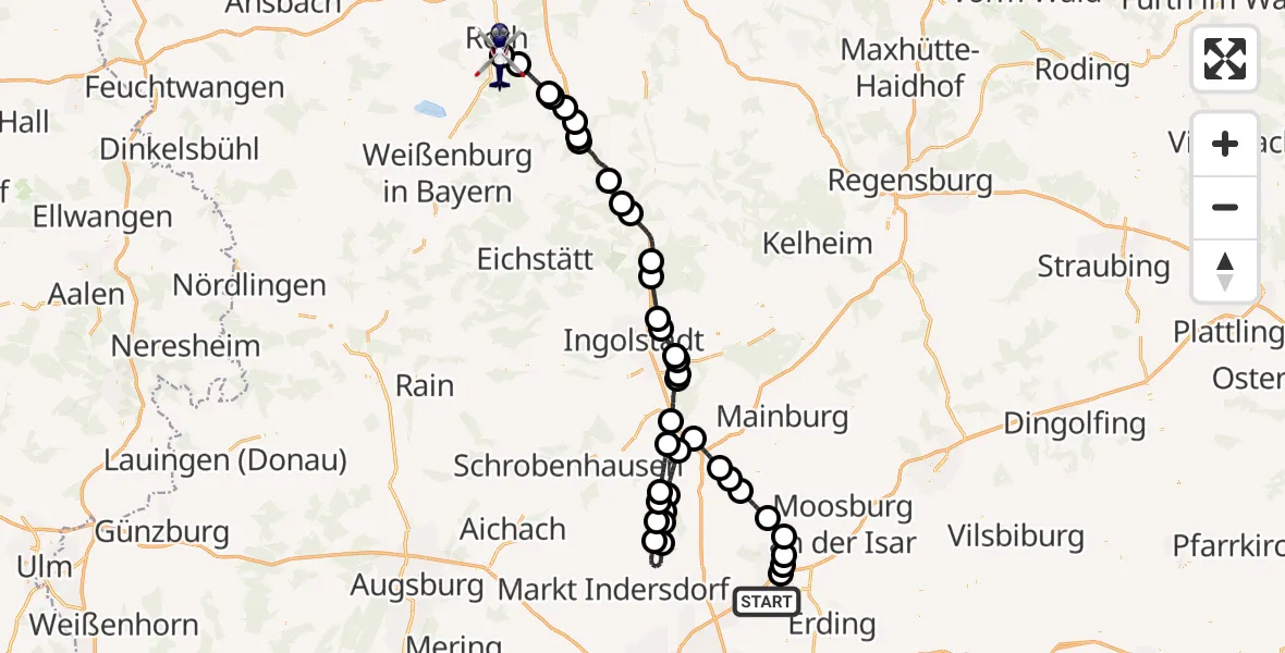 Flugroute Polizeihubschrauber München Flughafen - Flugplatz Roth, 10 Juli 2026, 09:11