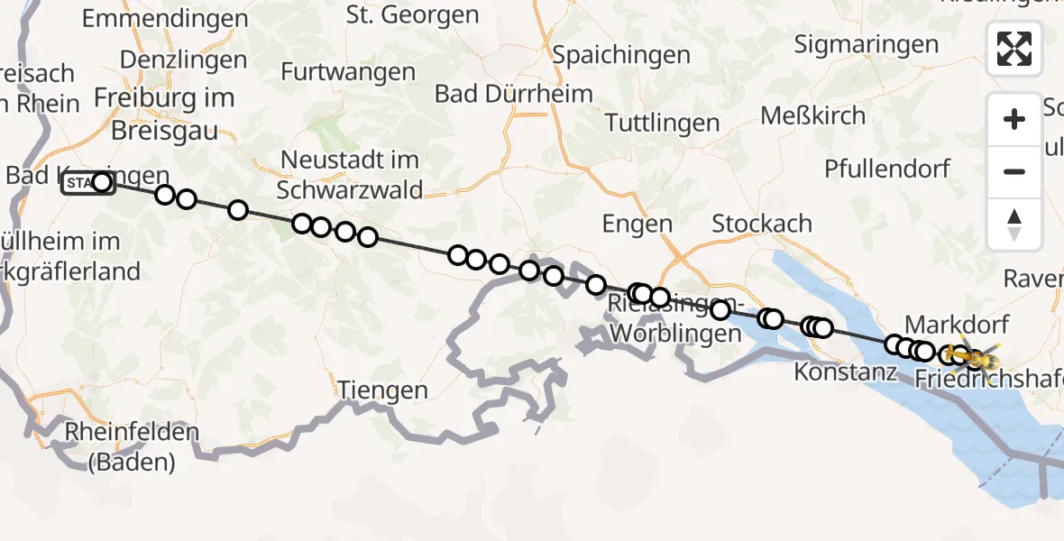 Flugroute Rettungshubschrauber Bad Krozingen - Friedrichshafen, 10 Juli 2026, 09:11