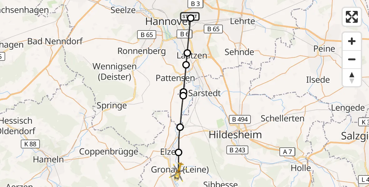 Flugroute Rettungshubschrauber Hannover Luftrettung Hubschrauberlandeplatz (Christoph 4) - Gronau (Leine), 10 Juli 2026, 09:11