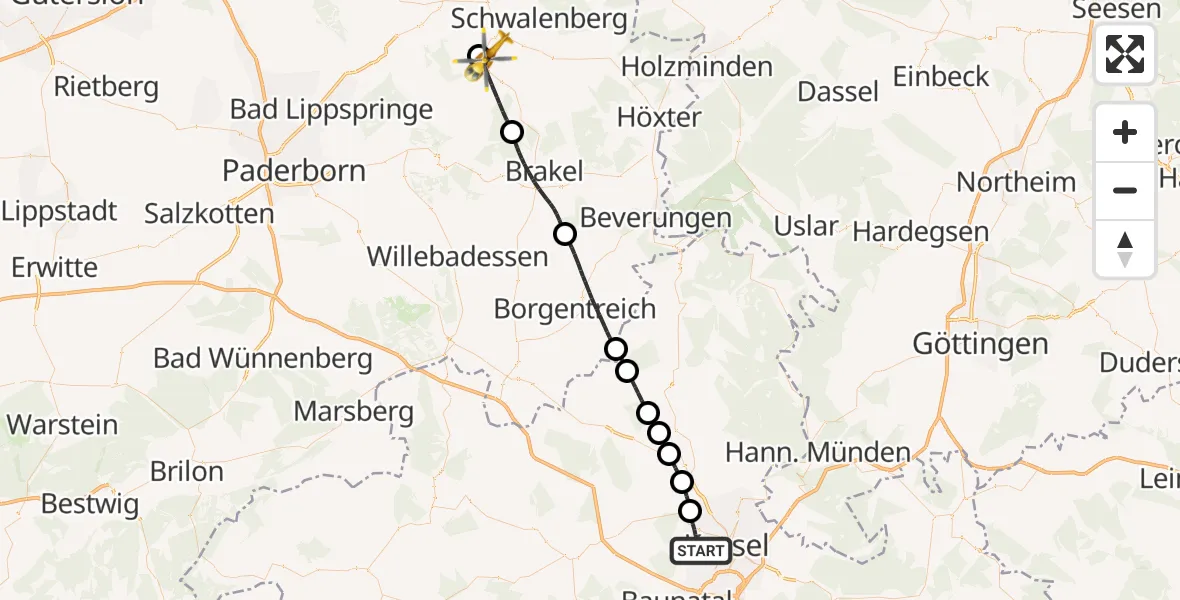 Flugroute Rettungshubschrauber Kassel - Steinheim, 10 Juli 2026, 09:17