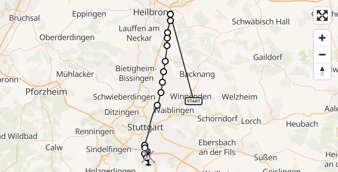 Flugroute Polizeihubschrauber Winnenden - Flughafen Stuttgart, 10 Juli 2026, 09:20