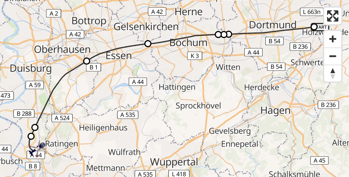 Flugroute Polizeihubschrauber Dortmund Flughafen - Düsseldorf Flughafen, 10 Juli 2026, 09:28