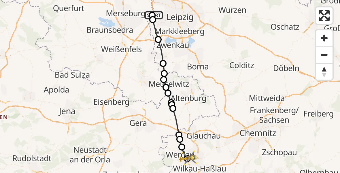 Flugroute Rettungshubschrauber ADAC Air Rescue Station Leipzig/Schkeuditz-Dölzig Hubschrauberlandeplatz (Christoph 61) - ADAC Air Rescue Station Zwickau Hubschrauberlandeplatz, 10 Juli 2026, 09:30
