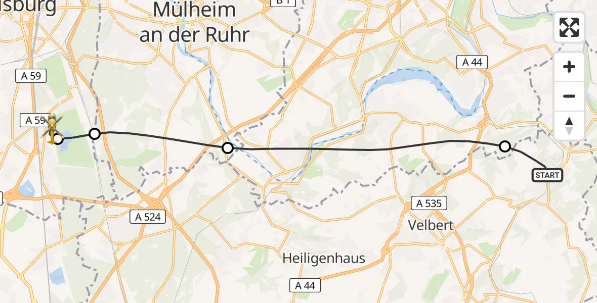 Flugroute Rettungshubschrauber Velbert - Duisburg Air Rescue Hubschrauberlandeplatz (Christoph 9), 10 Juli 2026, 09:30