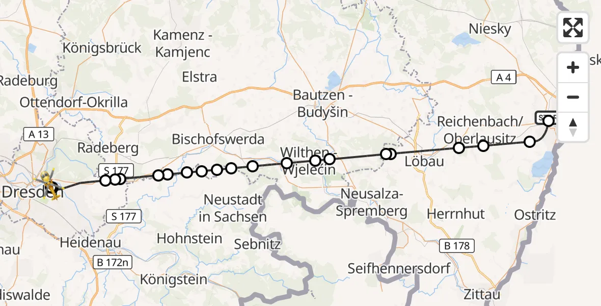 Flugroute Rettungshubschrauber Görlitz Hospital - Dresden University Hospital, 10 Juli 2026, 09:32