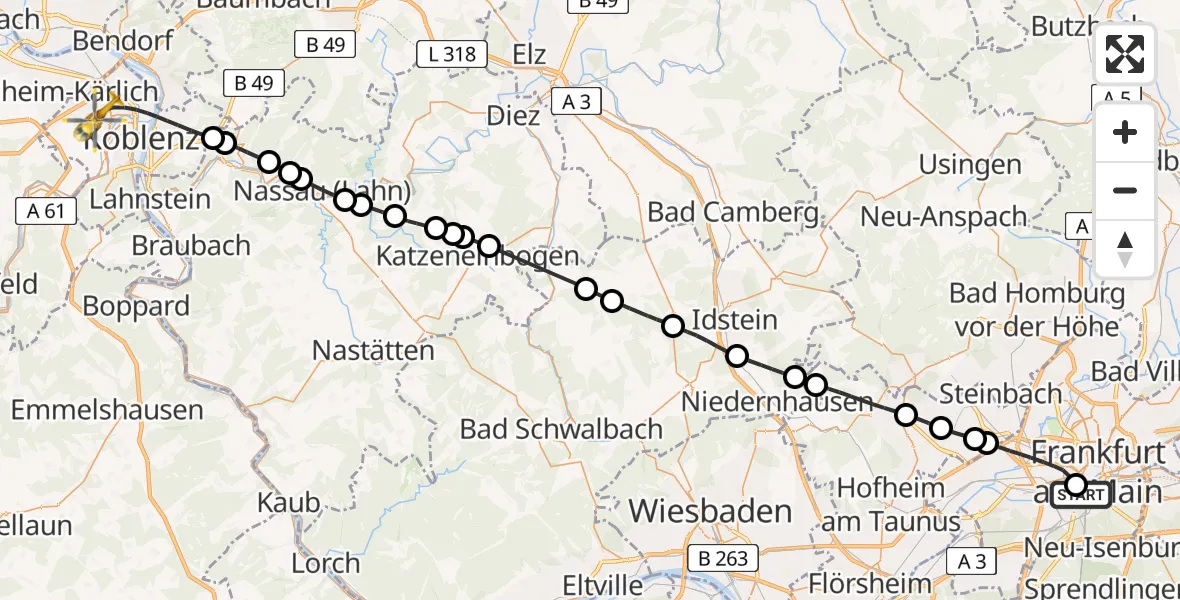 Flugroute Rettungshubschrauber Frankfurt University Hospital - Koblenz, 10 Juli 2026, 09:32