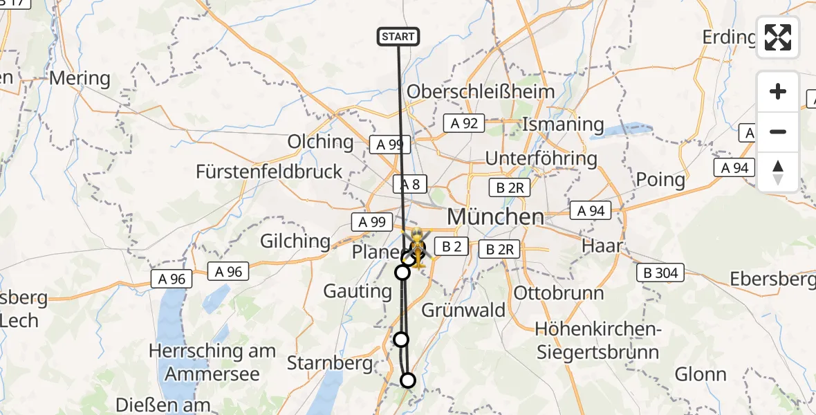 Flugroute Rettungshubschrauber Röhrmoos - DRF Air Rescue München Hubschrauberlandeplatz, 10 Juli 2026, 09:34