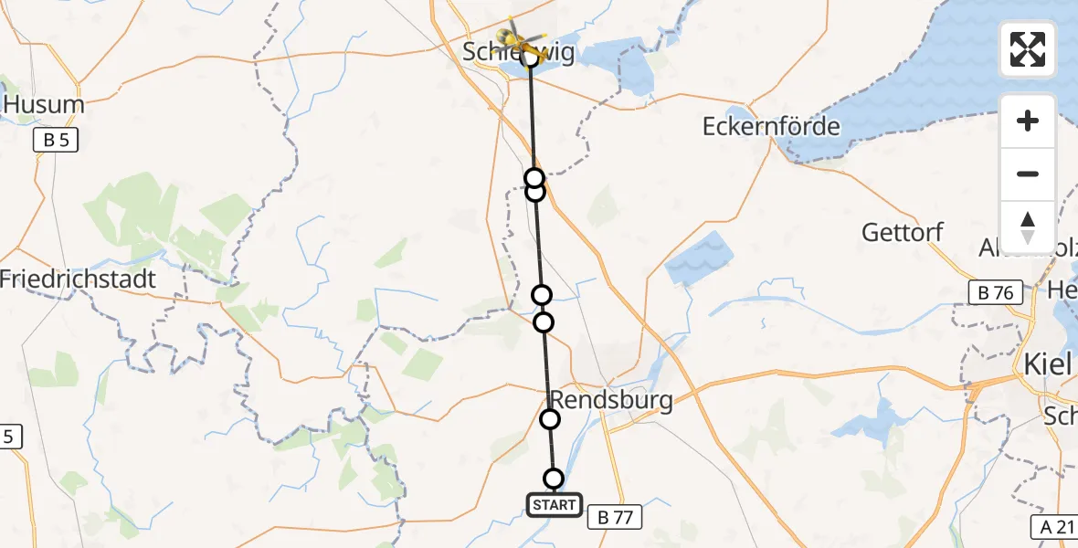 Flugroute Ambulanzhubschrauber Schülp b.Rendsburg - Schleswig, 10 Juli 2026, 09:36
