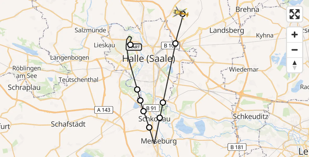 Flugroute Rettungshubschrauber Halle (Saale) University Hospital - Halle-Oppin Flugplatz, 10 Juli 2026, 09:37