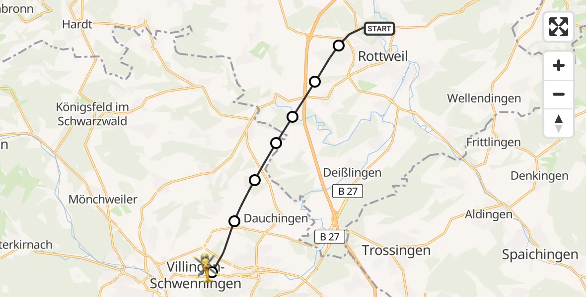 Flugroute Ambulanzhubschrauber Rottweil - DRF Air Rescue Station Villingen-Schwenningen Hubschrauberlandeplatz (Christoph 11), 10 Juli 2026, 09:39