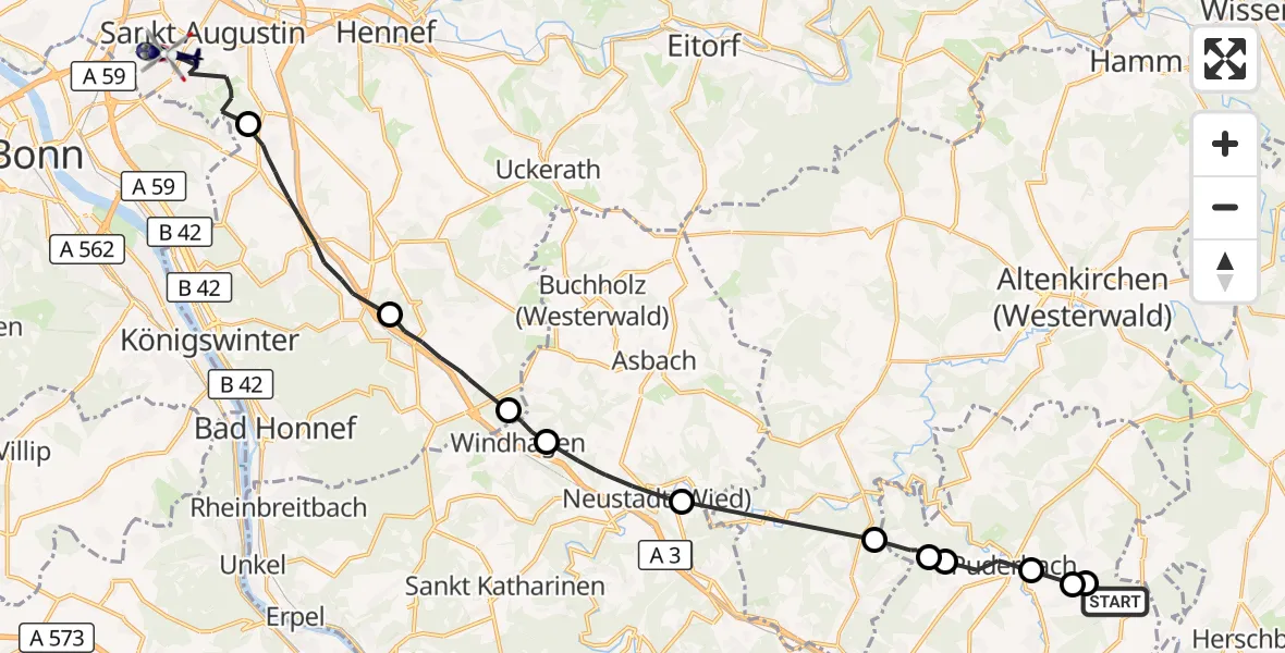 Flugroute Polizeihubschrauber Dierdorf - Sankt Augustin, 10 Juli 2026, 09:41