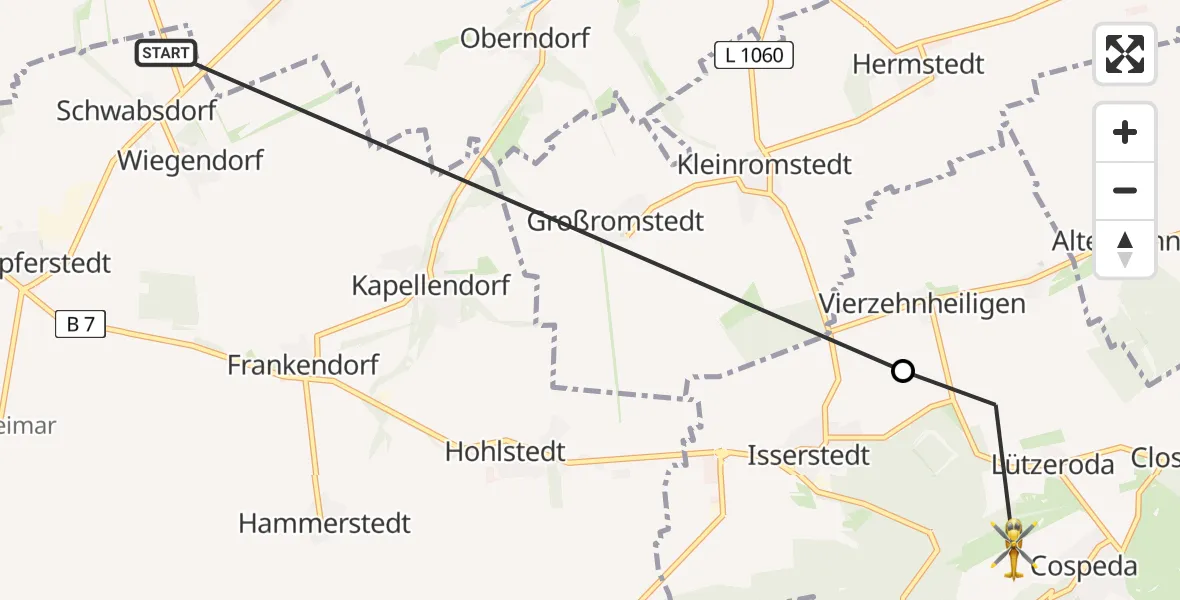 Flugroute Rettungshubschrauber Wiegendorf - Jena, 10 Juli 2026, 09:47