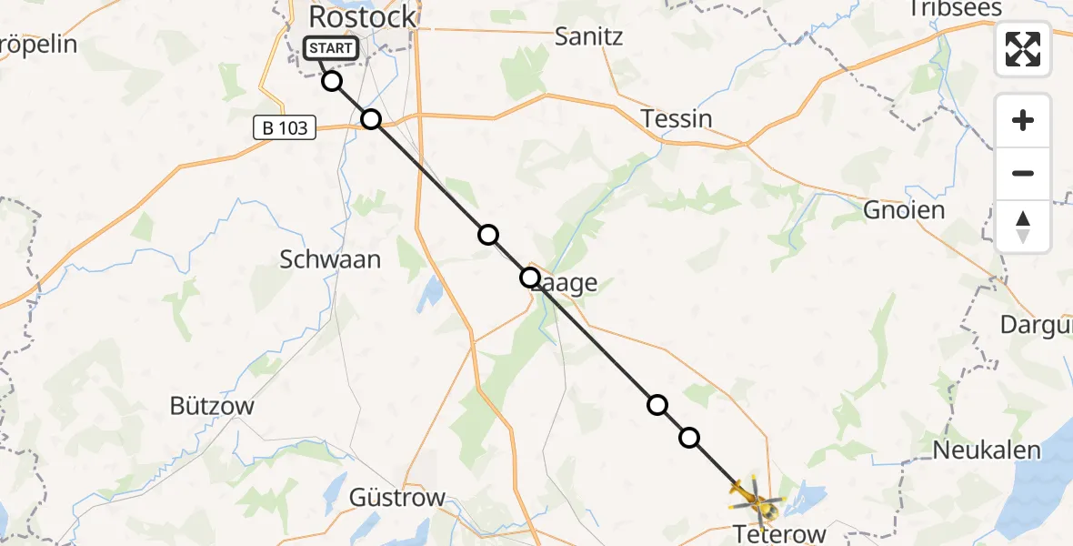 Flugroute Rettungshubschrauber Rostock - Teterow, 10 Juli 2026, 09:48