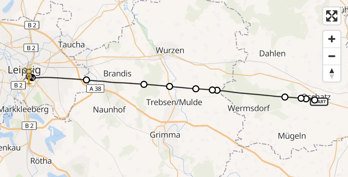 Flugroute Rettungshubschrauber Collm Klinik Oschatz Hubschrauberlandeplatz - Leipzig University Hospital Heliport 1, 10 Juli 2026, 09:49