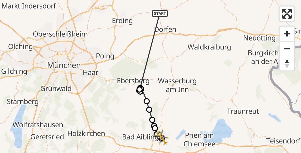 Flugroute Rettungshubschrauber Taufkirchen (Vils) - RoMed Hospital Rosenheim, 10 Juli 2026, 09:50