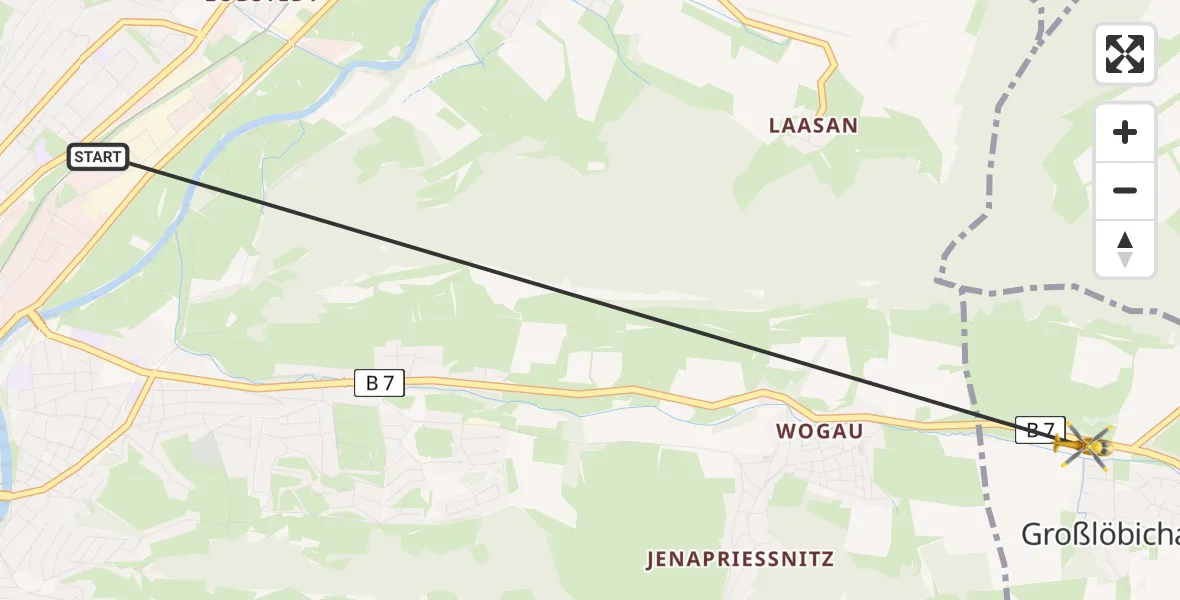 Flugroute Rettungshubschrauber Jena - Großlöbichau, 10 Juli 2026, 09:50