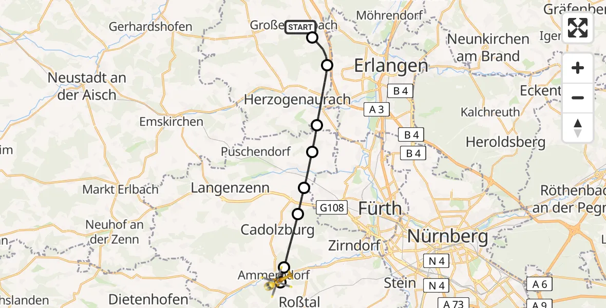 Flugroute Ambulanzhubschrauber Großenseebach - Roßtal, 10 Juli 2026, 09:52