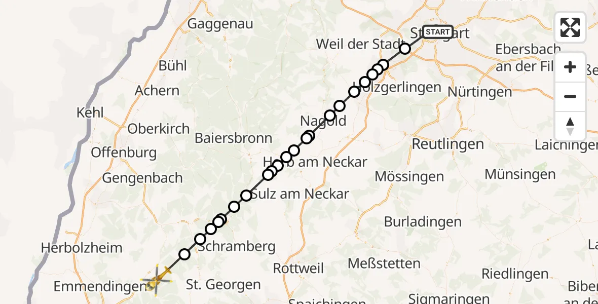 Flugroute Rettungshubschrauber Stuttgart - Elzach, 10 Juli 2026, 09:52