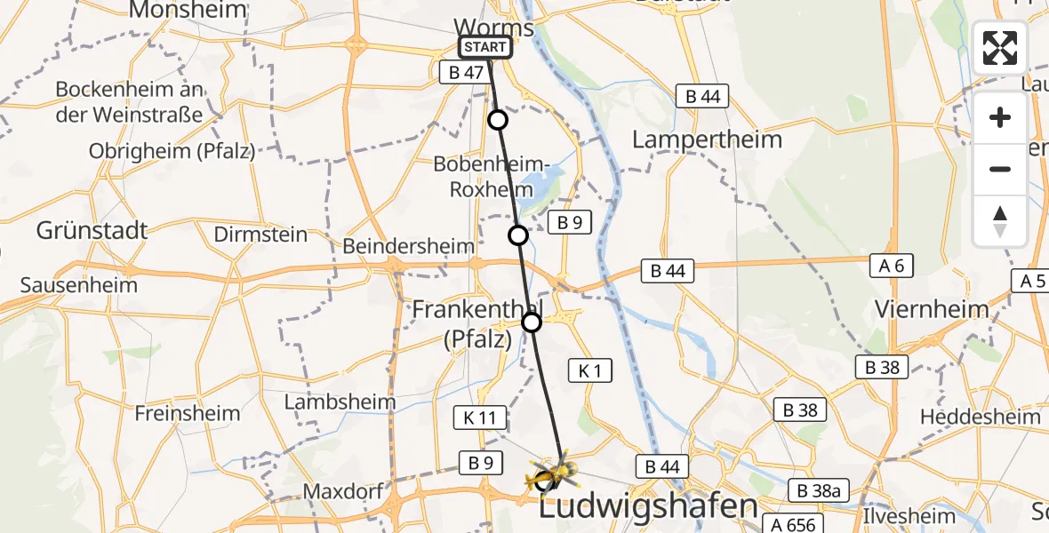 Flugroute Rettungshubschrauber Worms - Ludwigshafen Accident Hospital, 10 Juli 2026, 09:54