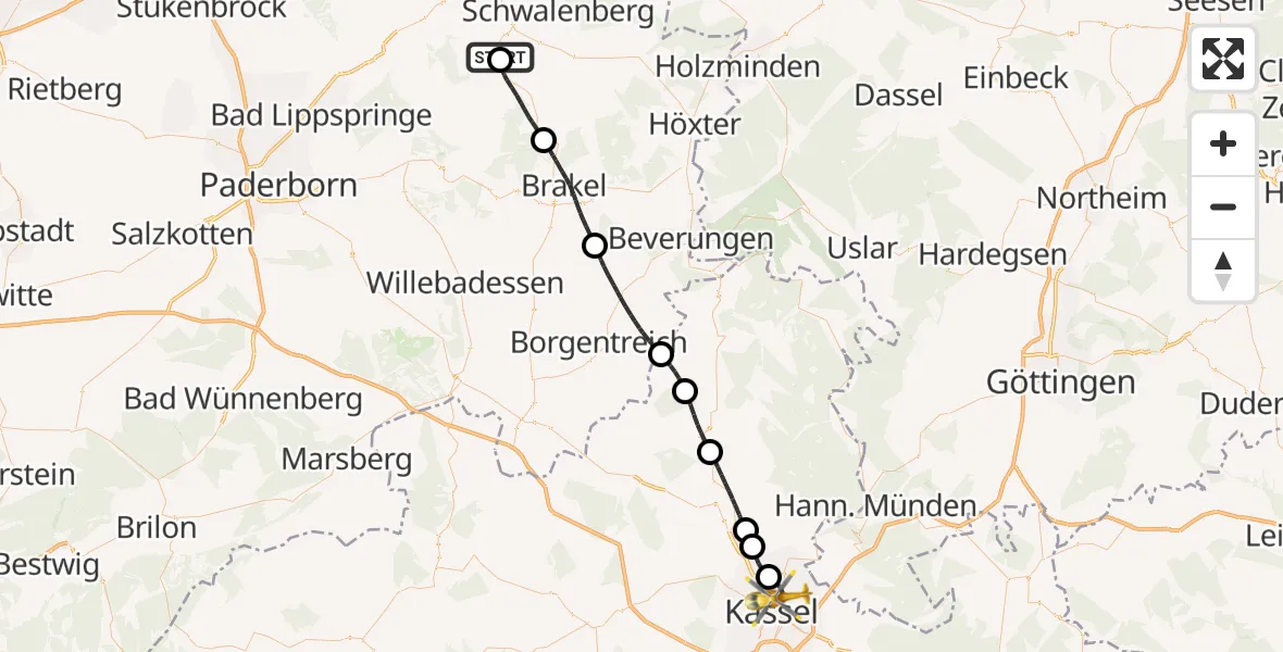 Flugroute Rettungshubschrauber Steinheim - Kassel, 10 Juli 2026, 09:56