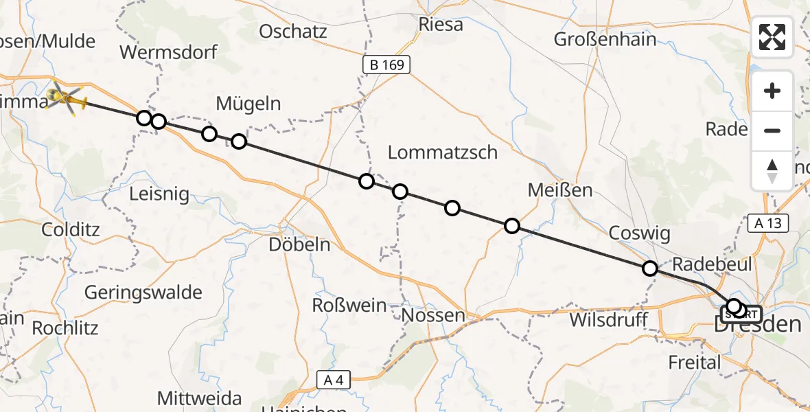 Flugroute Rettungshubschrauber Dresden Friedrichstadt Hospital - Grimma, 10 Juli 2026, 10:01
