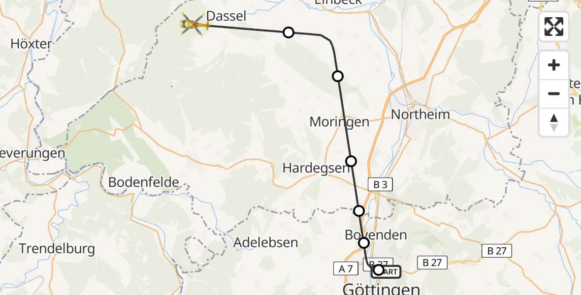 Flugroute Rettungshubschrauber Göttingen University Clinic Hubschrauberlandeplatz - Dassel, 10 Juli 2026, 10:09