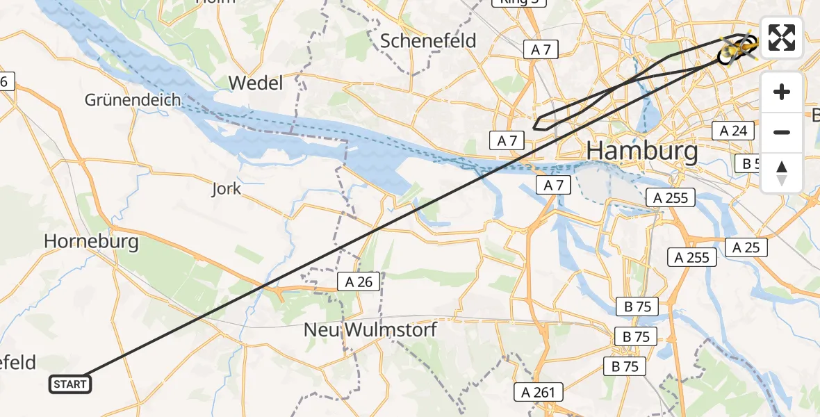 Flugroute Rettungshubschrauber Harsefeld - Hamburg Military Hospital, 10 Juli 2026, 10:09