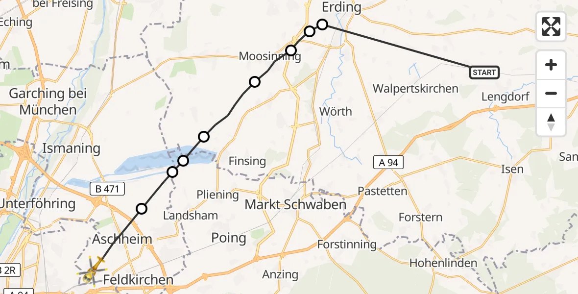 Flugroute Rettungshubschrauber Lengdorf - Aschheim, 10 Juli 2026, 10:15