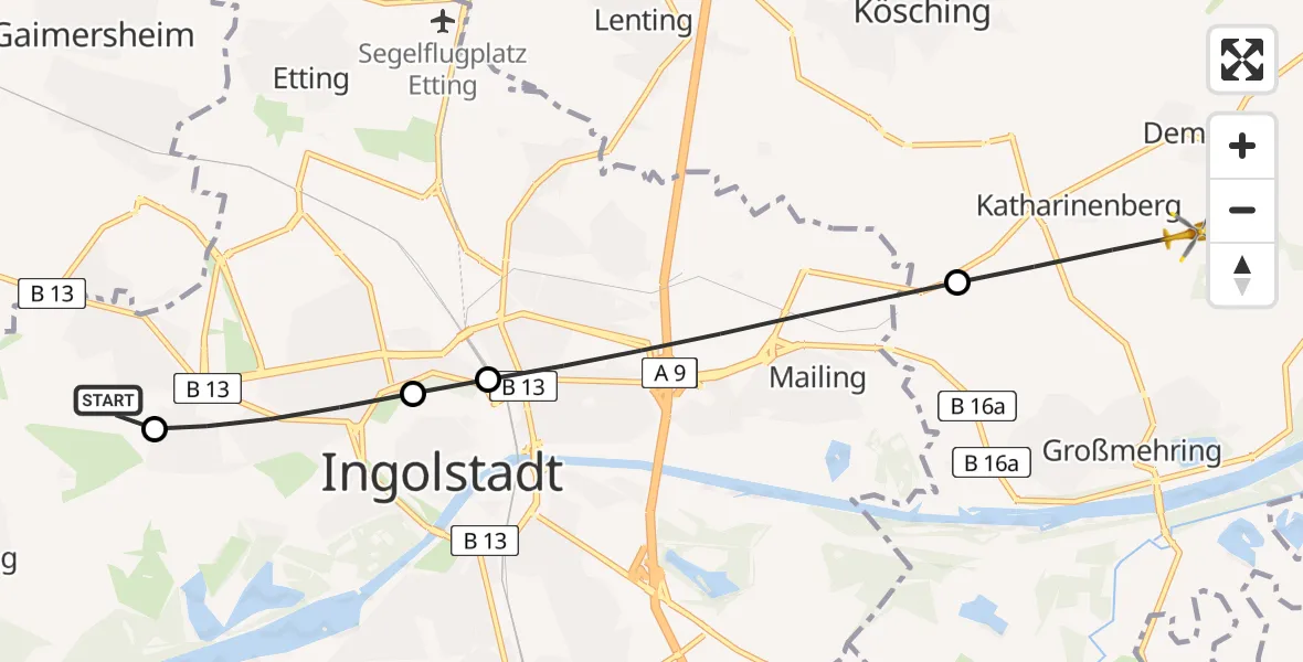 Flugroute Rettungshubschrauber Ingolstadt Hospital - Großmehring, 10 Juli 2026, 10:17