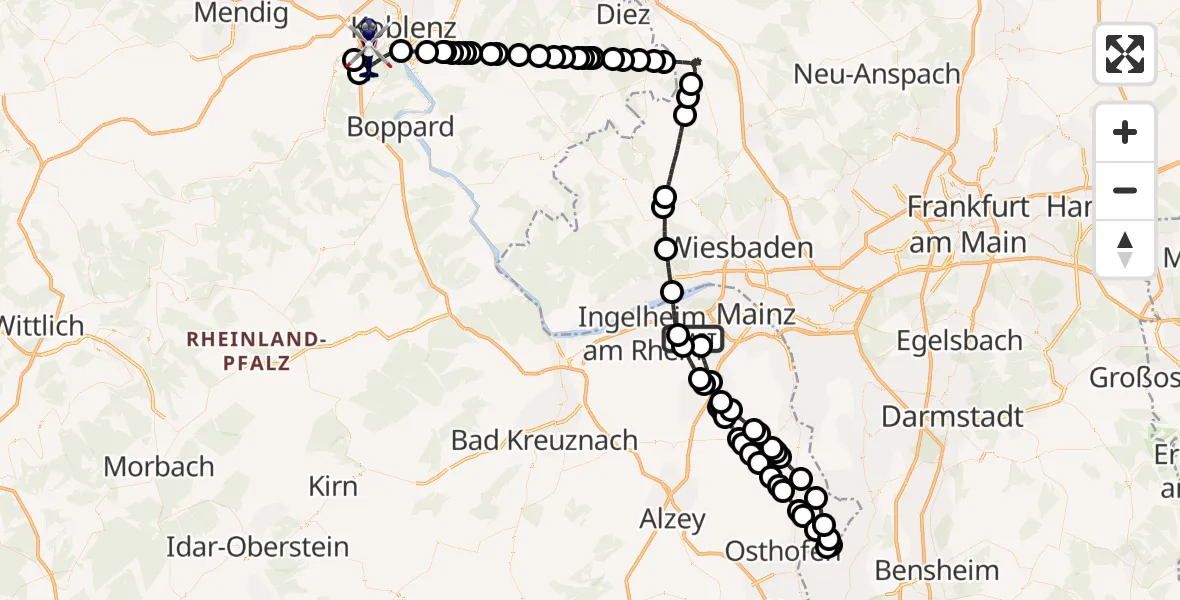 Flugroute Polizeihubschrauber Mainz-Finthen Flugplatz - Koblenz-Winningen Flugplatz, 10 Juli 2026, 10:25