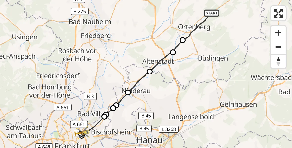 Flugroute Rettungshubschrauber Ortenberg - Frankfurt am Main Accident Hospital Roof Helipad (CHX2), 10 Juli 2026, 10:37